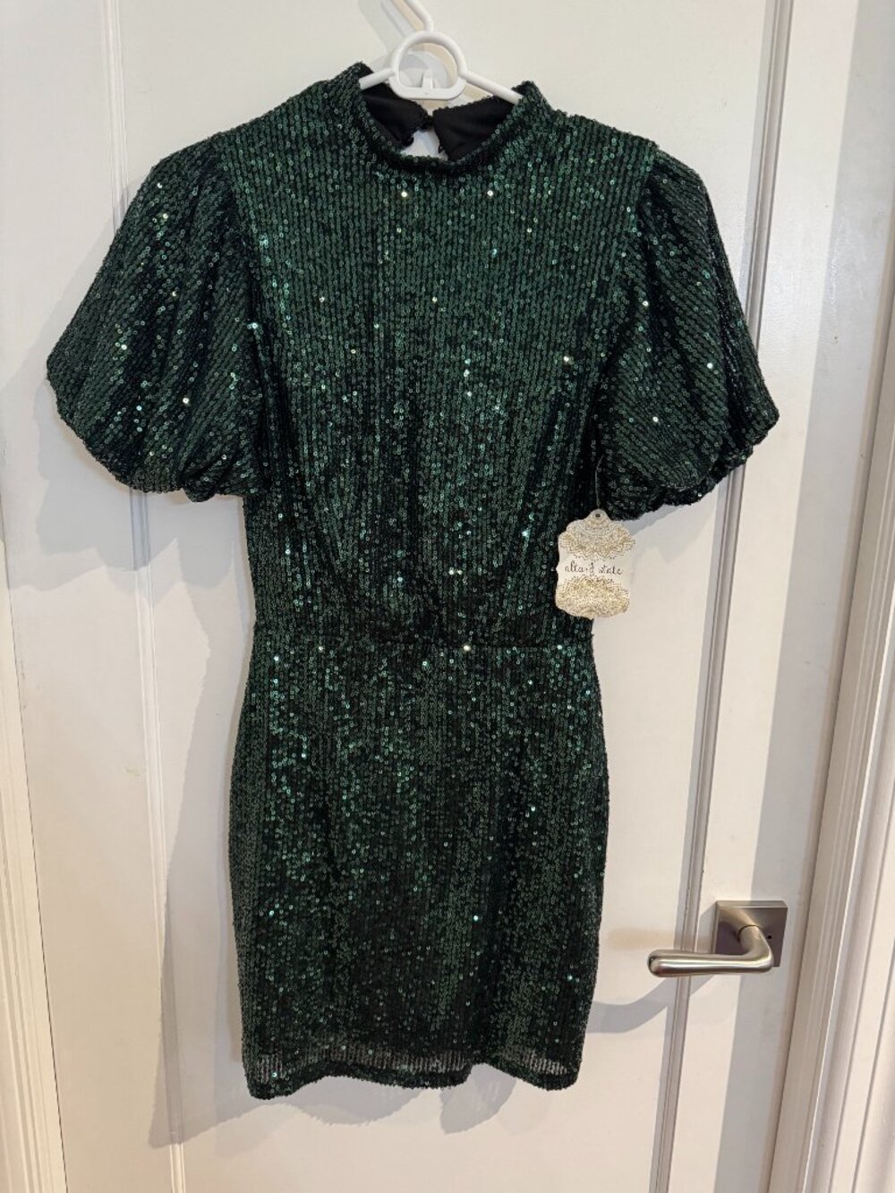 NWT Altar'd State Hunter Green Sequin Mini Dress XS Puff Sleeve Holiday Party
